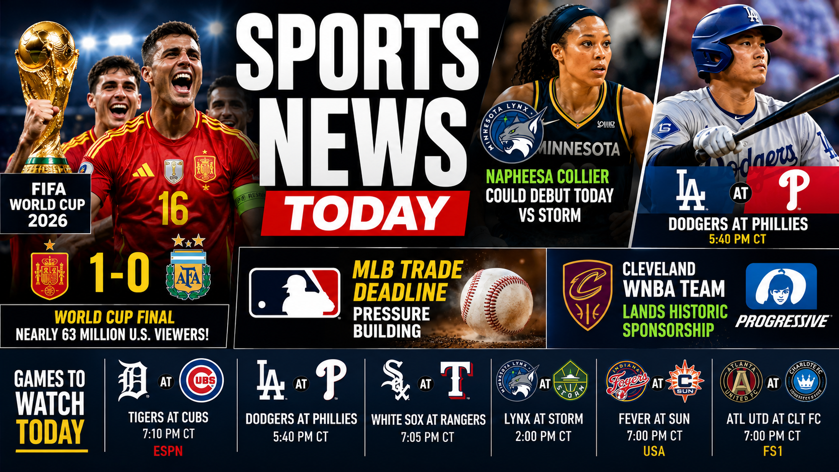 Sports News Today: World Cup Ratings Explode, Collier Nears Her Return and a Full Night of Baseball Awaits