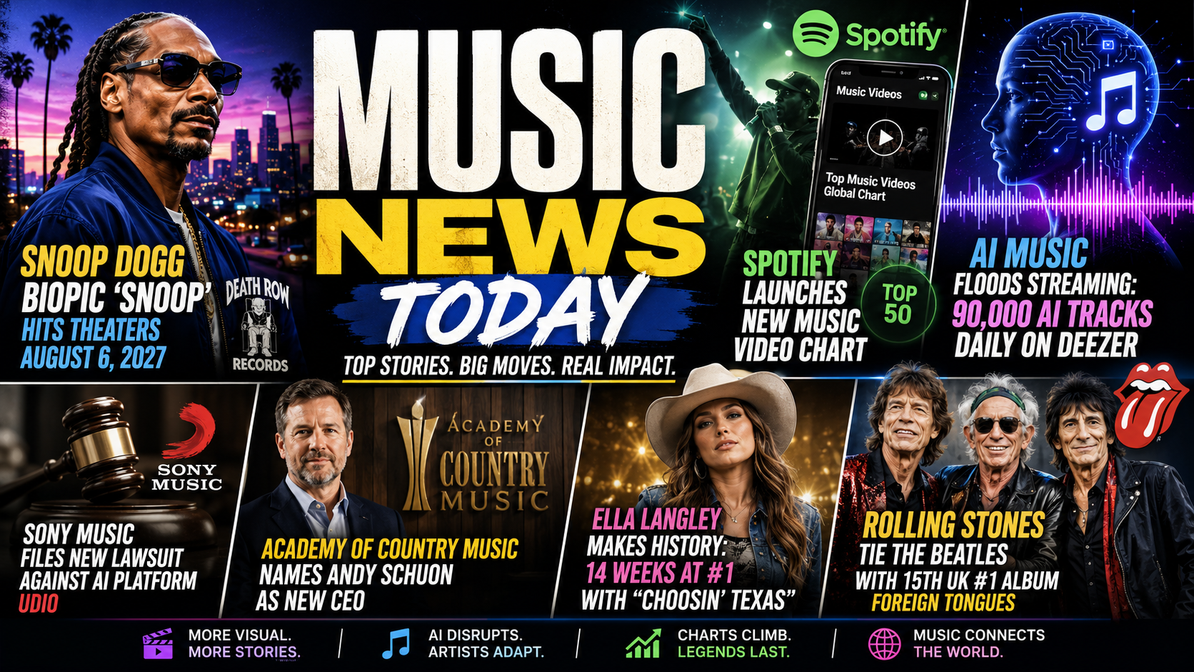 Music News Today: Snoop Dogg’s Story Heads to Theaters, Spotify Expands Video and AI Music Floods Streaming