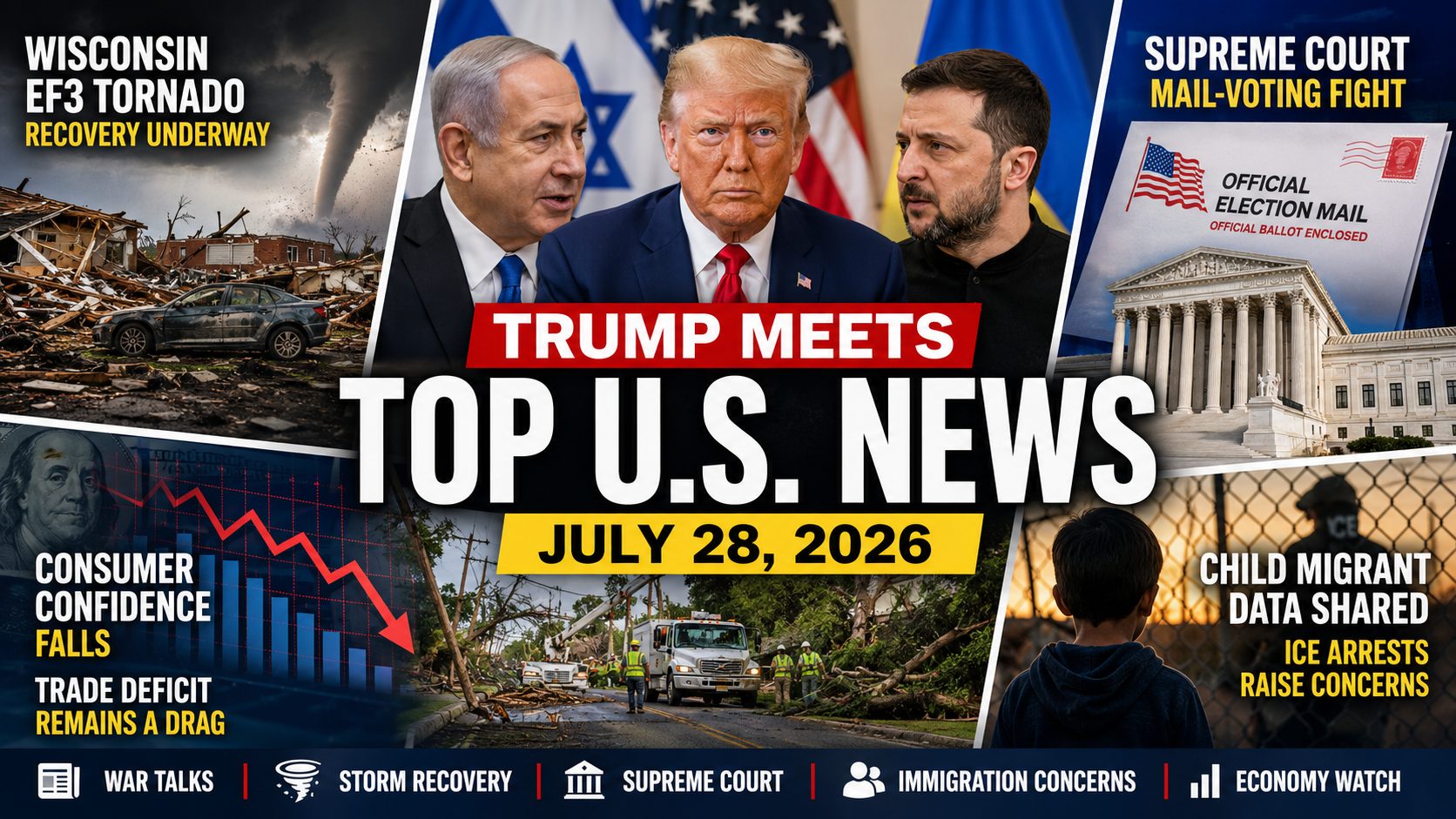 Top U.S. News for July 28, 2026: White House War Talks, Wisconsin Tornado Recovery and a Supreme Court Voting Fight