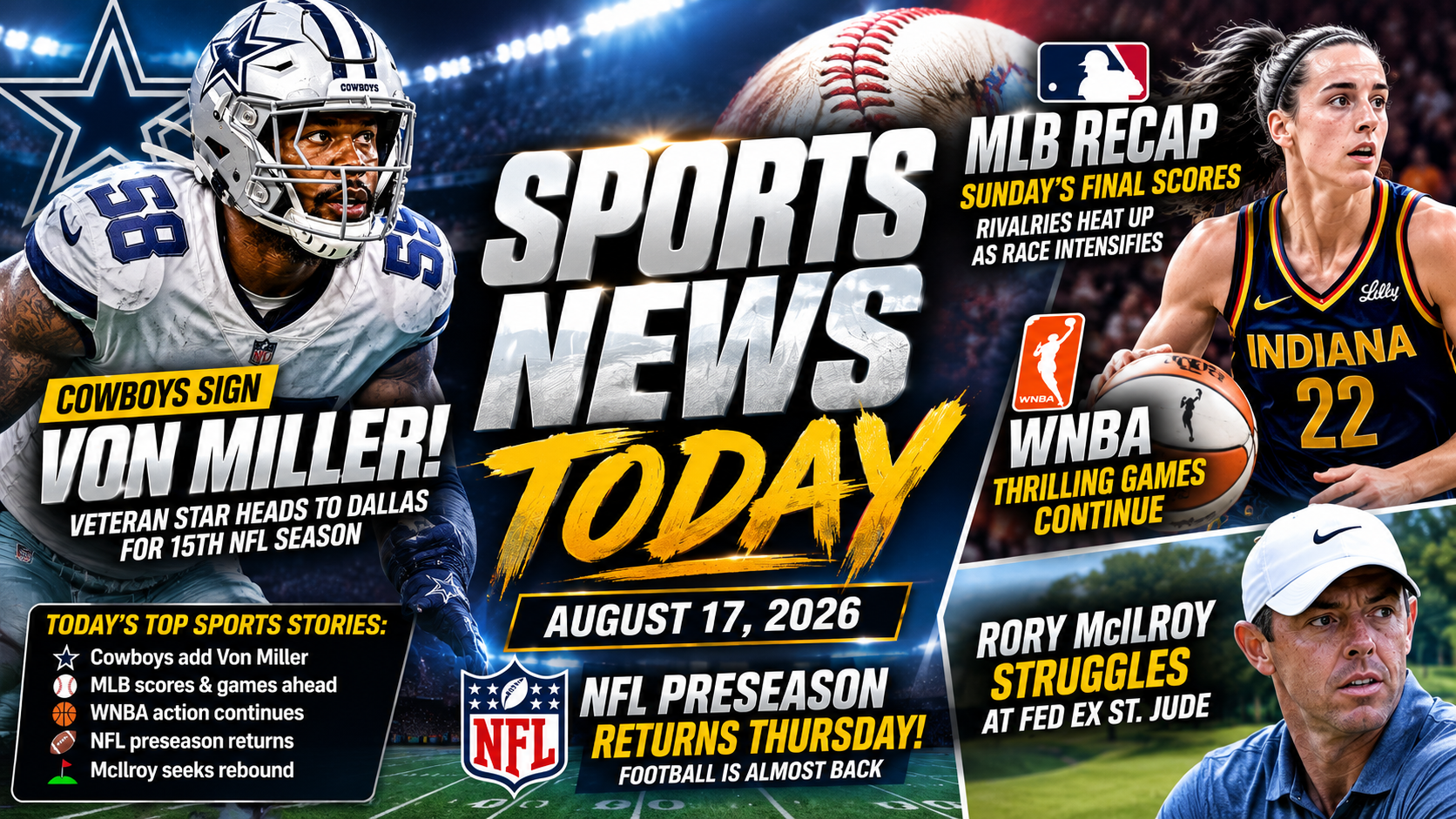 Sports Today: Cowboys Add Von Miller, MLB Sunday Recap, WNBA Results & Games Ahead