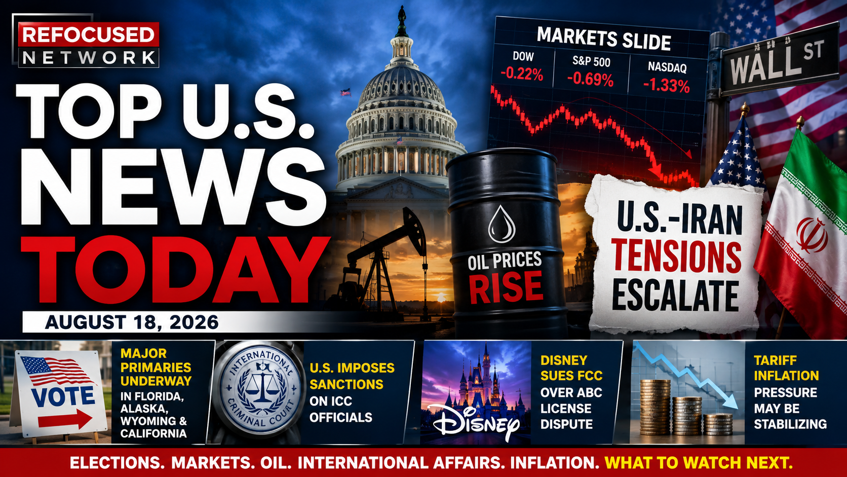 Top U.S. News Today: Markets Slide, Major Primaries Underway, ICC Sanctions and U.S.-Iran Tensions